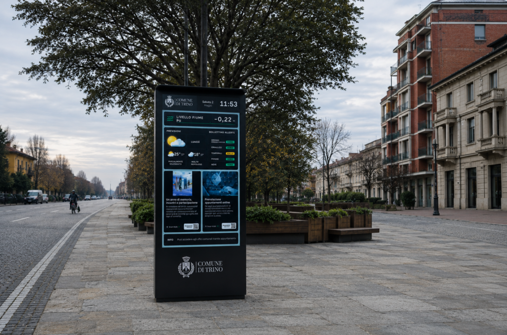 SMART CITY
TK S.r.l. ha installato due totem digitali outdoor per comunicare eventi, servizi e allerte in modo rapido e aggiornato.
La gestione da remoto e la connettività 4G garantiscono continuità, sicurezza e semplicità d'uso.